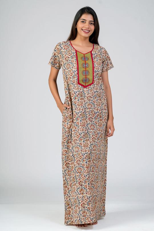 KALAMKARI PRINTED NIGHTY - BEIGE