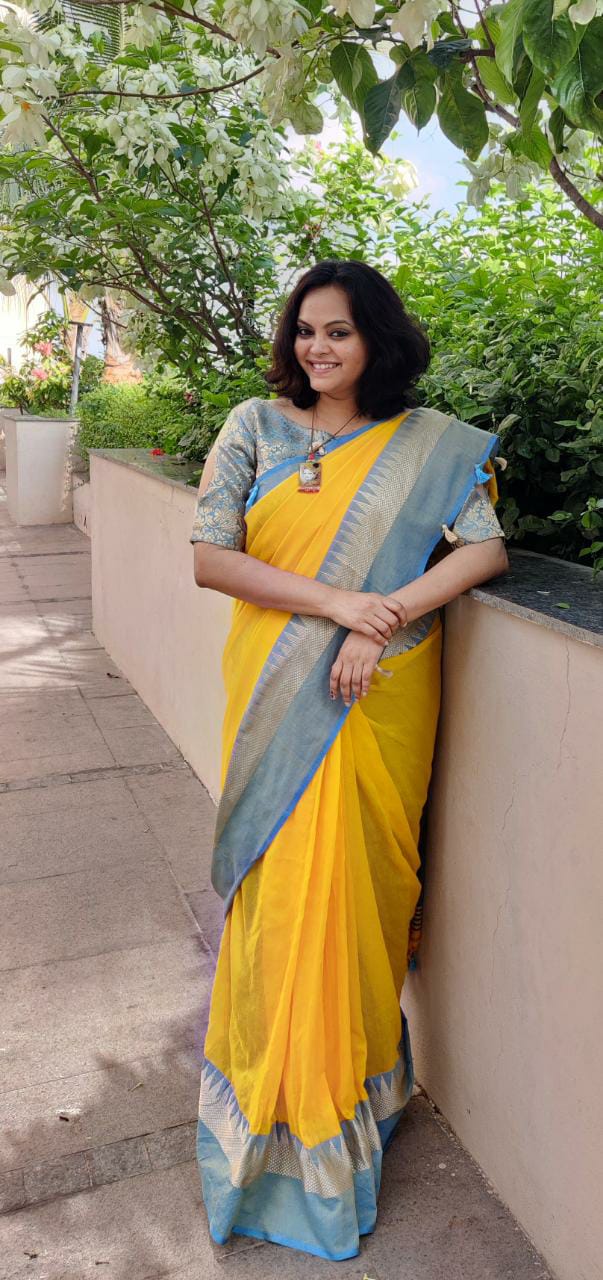 Yellow With Sky Blue thread temple design border - Kolkata soft cotton sarees