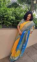 Yellow With Sky Blue thread temple design border - Kolkata soft cotton sarees Yellow With Sky Blue thread temple design border - Kolkata soft cotton sarees