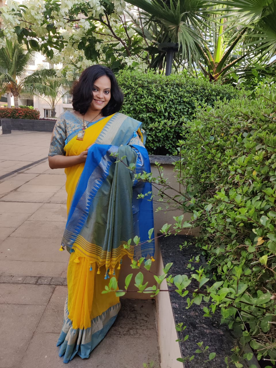 Yellow With Sky Blue thread temple design border - Kolkata soft cotton sarees