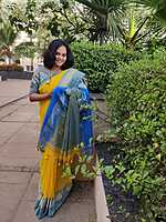 Yellow With Sky Blue thread temple design border - Kolkata soft cotton sarees