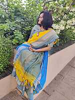 Yellow With Sky Blue thread temple design border - Kolkata soft cotton sarees