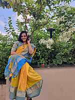 Yellow With Sky Blue thread temple design border - Kolkata soft cotton sarees Yellow With Sky Blue thread temple design border - Kolkata soft cotton sarees