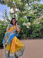 Yellow With Sky Blue thread temple design border - Kolkata soft cotton sarees