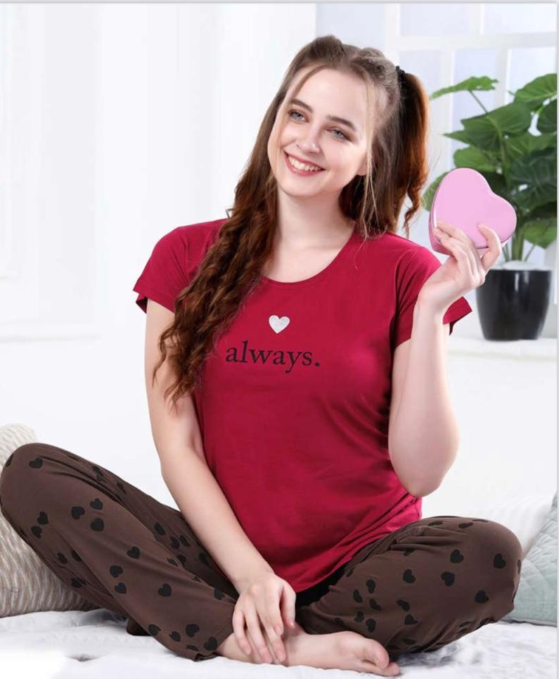 Goldstroms Maroon & Brown Heart Pattern Hosiery Cotton Night Suit Goldstroms Maroon & Brown Heart Pattern Hosiery Cotton Night Suit