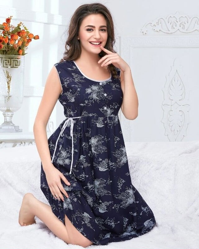 Minelli Navy Blue Abstract Flowers Short Nighty Minelli Navy Blue Abstract Flowers Short Nighty