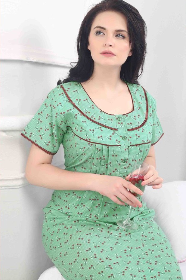 Minelli Full Length Cotton Nightdress - Green Cherry