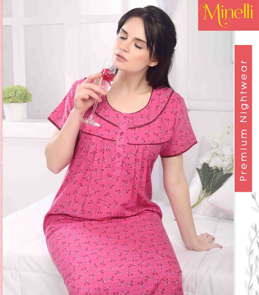 Minelli Full Length Cotton Nightdress - Pink Cherry