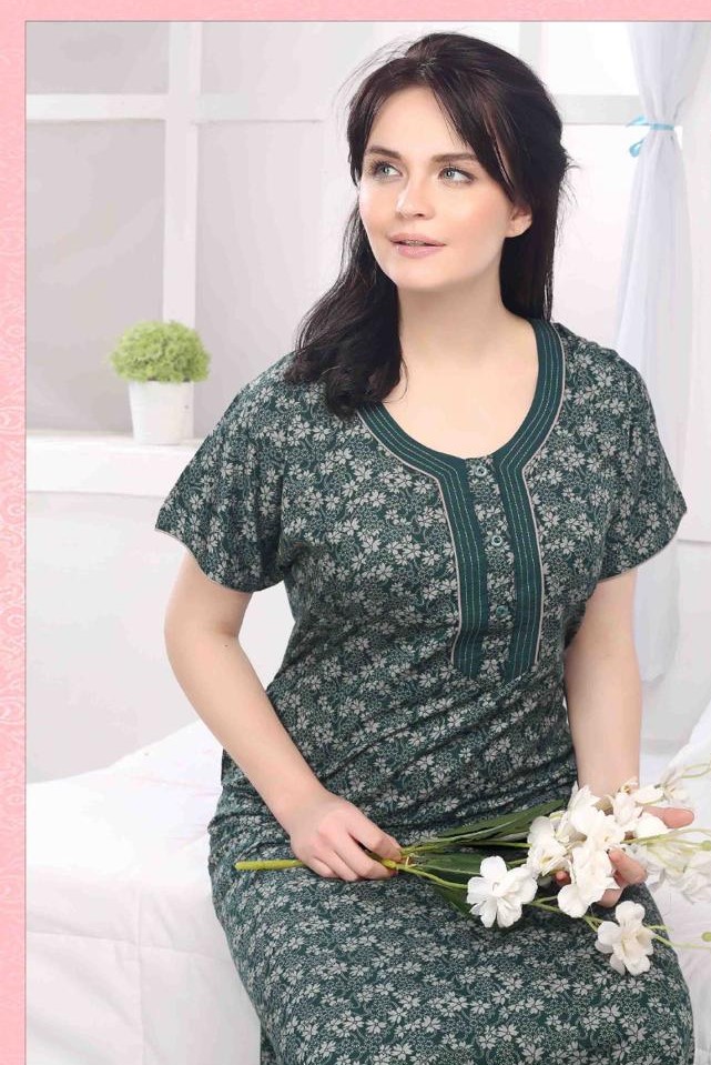 Minelli Full Length Cotton Nightdress - Green flowers