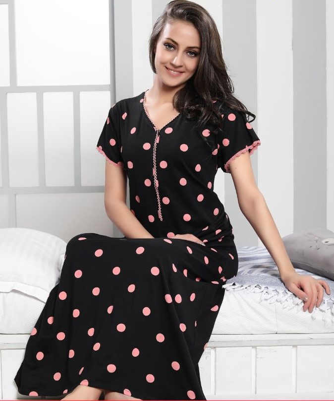 Minelli Navy Black & Pink Circle Pattern Full Length Nightdress