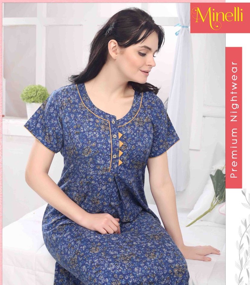 Minelli Full Length Cotton Nightdress - Blue Triangle