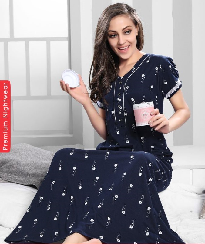 Minelli Navy Blue Leaf Pattern Full Length Nightdress