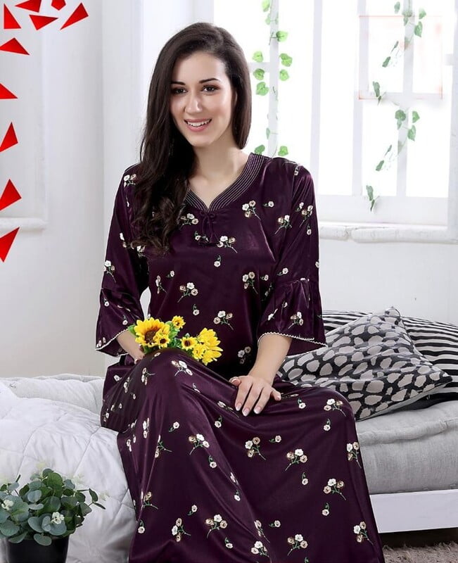 Minelli Satin Full Length Nightdress - Wine Flowers Minelli Satin Full Length Nightdress - Wine Flowers