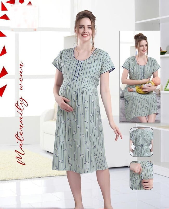 Minelli Printed Maternity / Feeding Full Length Nighty - Cream Stripes