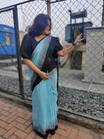 Linen saree sky blue and black, shining printed wear
