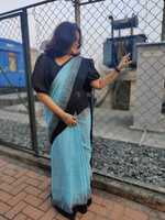 Linen saree sky blue and black, shining printed wear Linen saree sky blue and black, shining printed wear