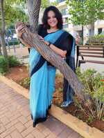 Linen saree sky blue and black, shining printed wear