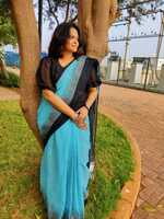 Linen saree sky blue and black, shining printed wear