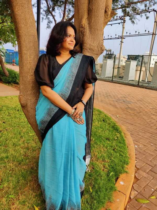 Linen saree sky blue and black, shining printed wear Linen saree sky blue and black, shining printed wear
