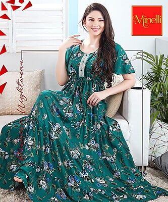 Minelli Womens Printed Ghagra Nighty - Dark Green Flower