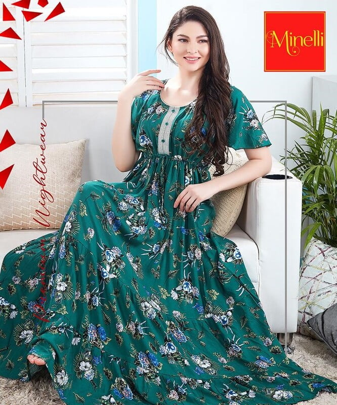 Minelli Womens Printed Ghagra Nighty - Dark Green Flower Minelli Womens Printed Ghagra Nighty - Dark Green Flower