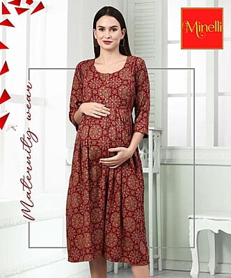 Minelli Printed Maternity / Feeding Gown - Maroon  3/4th