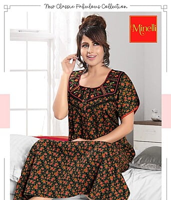 Minelli Full Length Cotton Nightdress - Fabric Embroidery Green