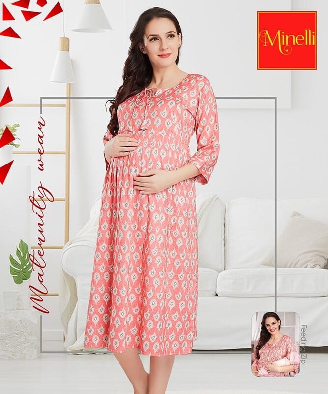Minelli Printed Maternity / Feeding Gown - Pink 3/4th