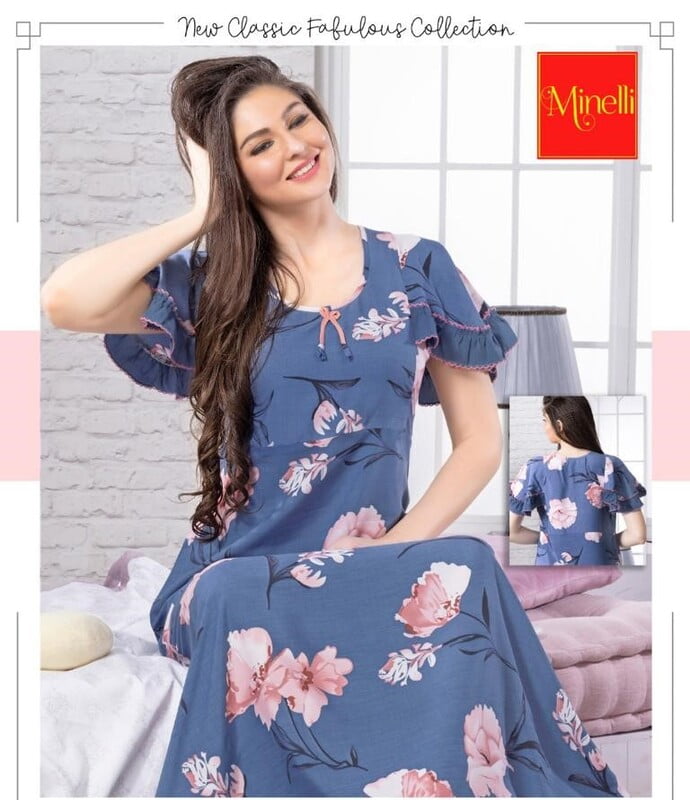 Minelli Alpine Nightdress - Blue Flowers Frill Minelli Alpine Nightdress - Blue Flowers Frill