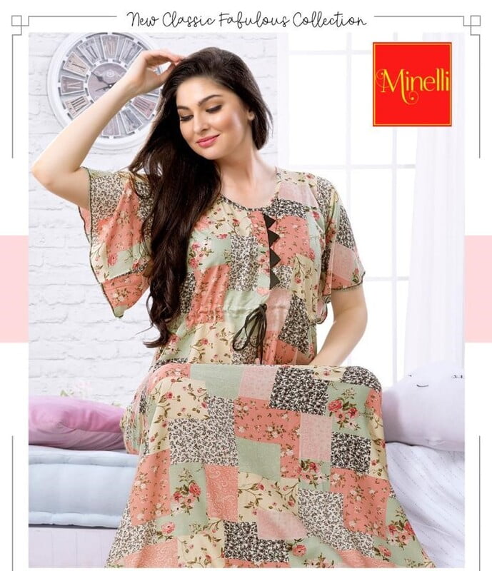 Minelli Womens Printed Ghagra Nighty - Orange Abstract Triangle Minelli Womens Printed Ghagra Nighty - Orange Abstract Triangle