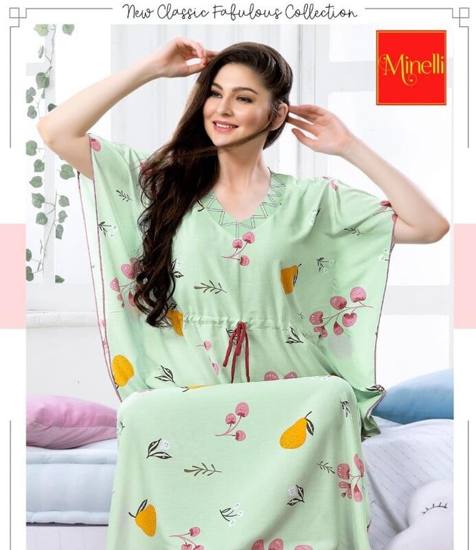 Minelli Womens Printed Kafthan Nighty - Light Green Berries Minelli Womens Printed Kafthan Nighty - Light Green Berries