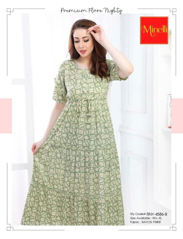 Minelli Womens Printed Semi Ghagra Nighty - Green Leaves Minelli Womens Printed Semi Ghagra Nighty - Green Leaves