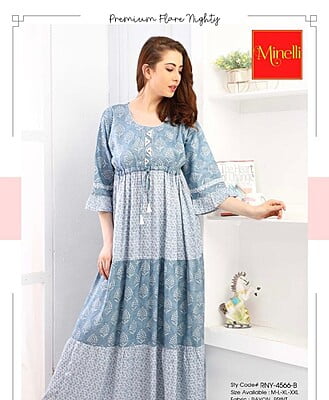 Minelli Womens Printed Semi Ghagra Nighty - Sky Blue