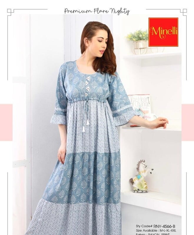 Minelli Womens Printed Semi Ghagra Nighty - Sky Blue Minelli Womens Printed Semi Ghagra Nighty - Sky Blue