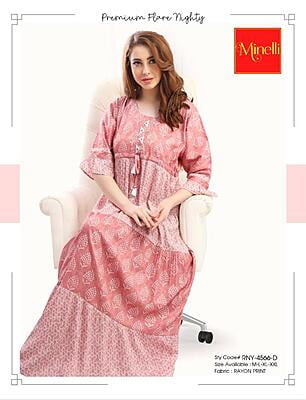 Minelli Womens Printed Semi Ghagra Nighty - Pink Leaves