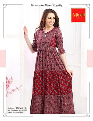 Minelli Womens Printed Semi Ghagra Nighty - Lavender Red