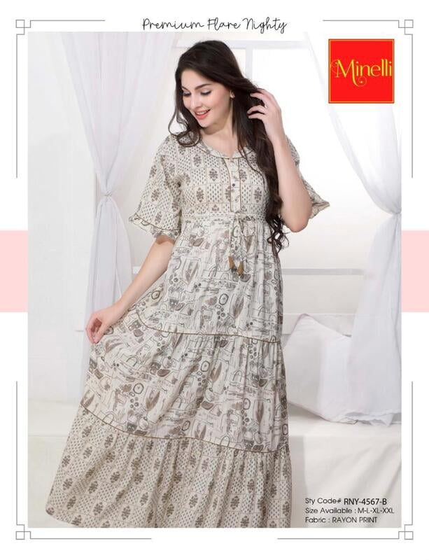 Minelli Womens Printed Semi Ghagra Nighty - Grey Minelli Womens Printed Semi Ghagra Nighty - Grey