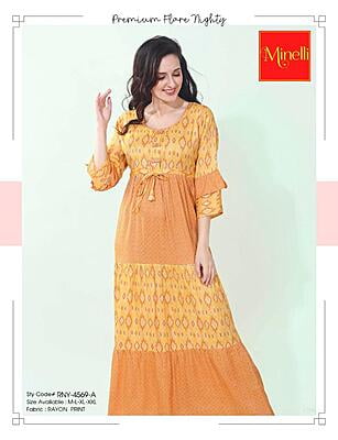 Minelli Womens Printed Semi Ghagra Nighty - Yellow Diamond