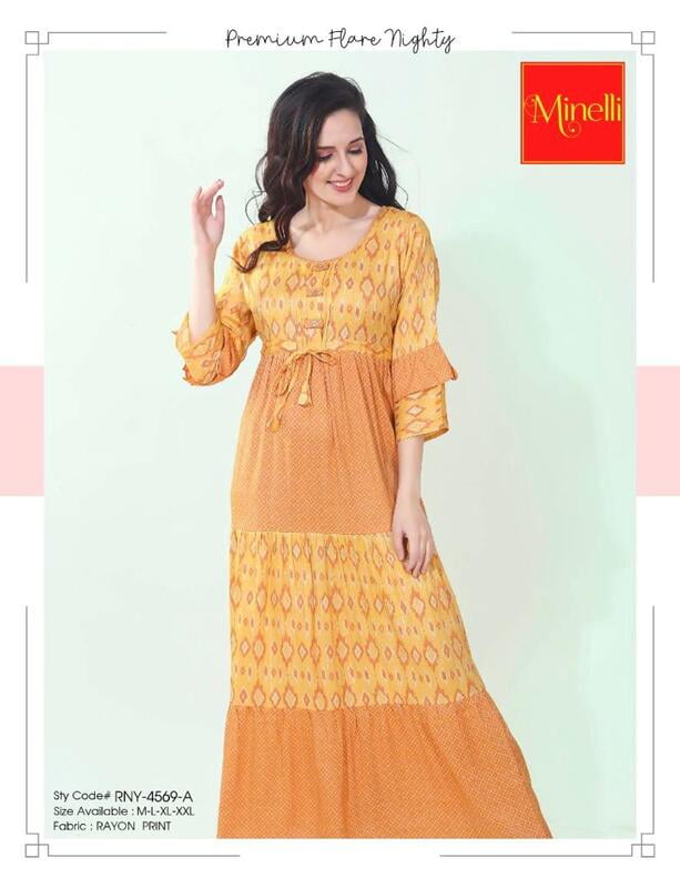 Minelli Womens Printed Semi Ghagra Nighty - Yellow Diamond