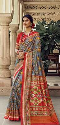 Pochampally silk saree - Grey With Red