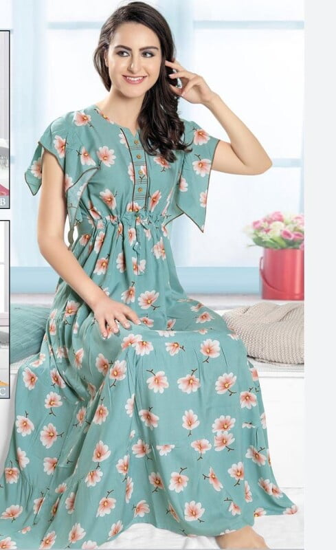Minelli Womens Printed Semi Ghagra Nighty - Light Blue Flowers Minelli Womens Printed Semi Ghagra Nighty - Light Blue Flowers