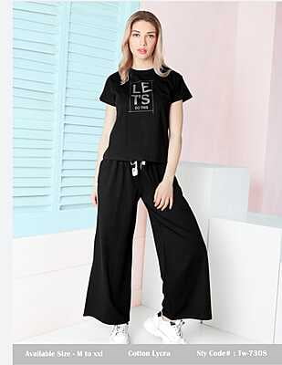 Goldstroms Cotton Lycra Lounge Night Suit - Black