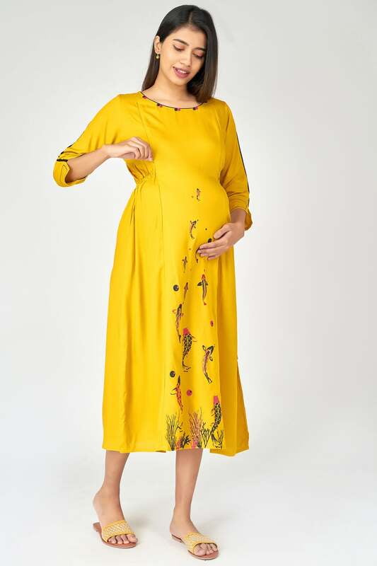 Young Mother Maternity & Nursing Fish print Kurta-Yellow Young Mother Maternity & Nursing Fish print Kurta-Yellow