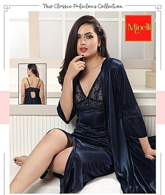 Minelli Lace Babydoll 2 Pcs set with a matching Thong - Dark Blue Lace (Free Size)