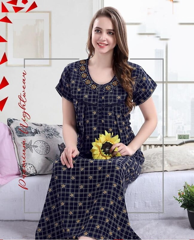 Minelli Navy Blue Sun Flower Full Length Nightdress Minelli Navy Blue Sun Flower Full Length Nightdress